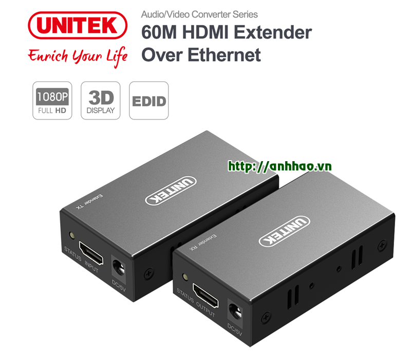 Bộ kéo dài HDMI 60M bằng cáp mạng lan Unitek V100A